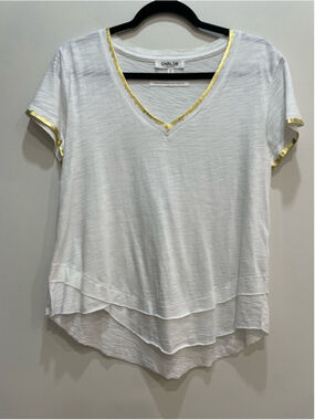 CHRLDR White & Gold Vneck T-Shirt Mock Layer Ava S Lightweight Casual Relaxed